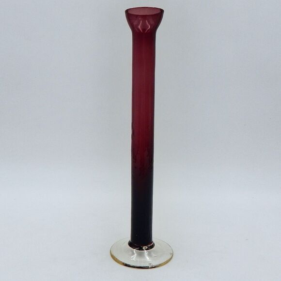 Amethyst Floral Etched Candlestick Vase 10 Inch Clear Base Thin - Picture 2 of 10